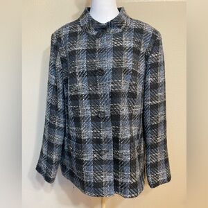 TanJay women’s Textured Knit Plaid Blazer Jacket in Blue Black and White plus 16